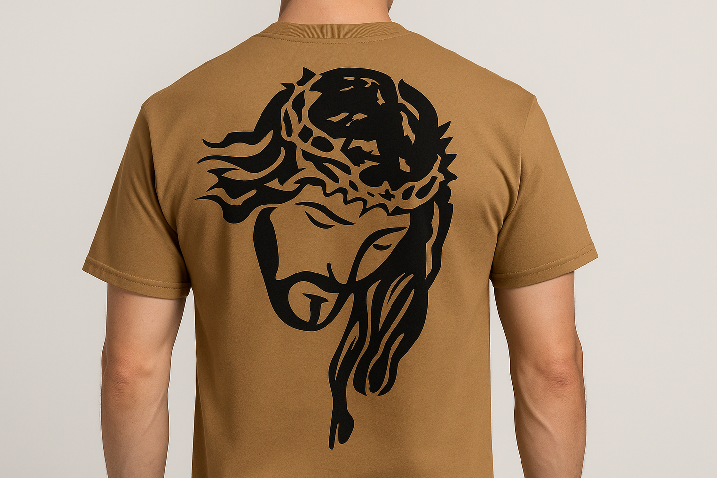 Brown savanna t-shirt with black back design - model back view