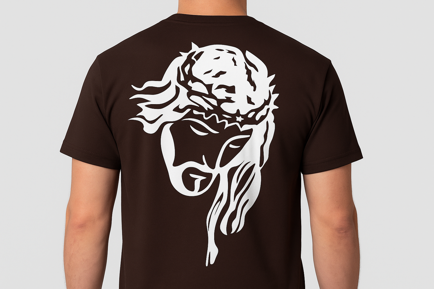 Dark brown t-shirt with white back design - model back view