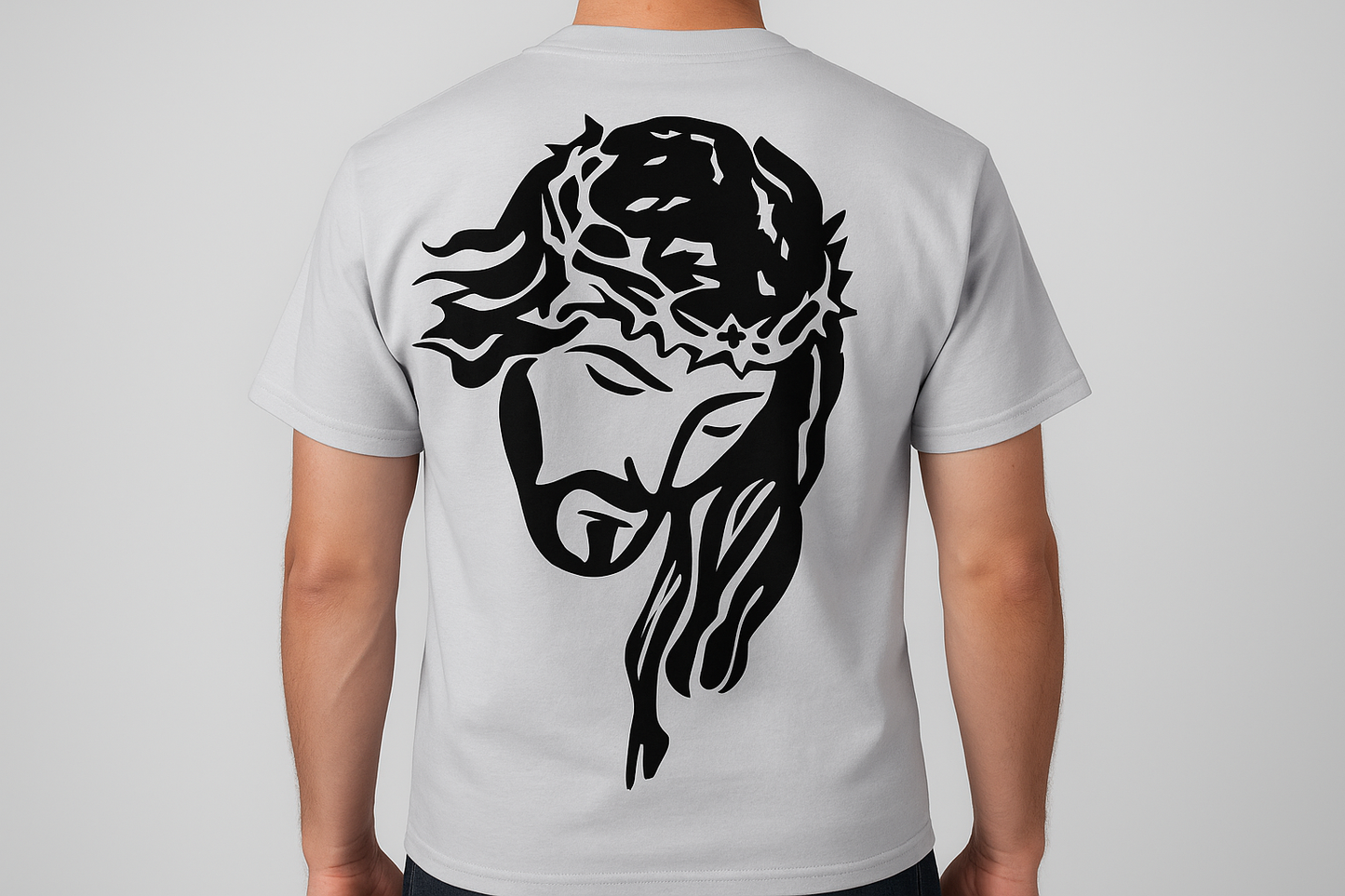 Light grey t-shirt with black back design - model back view