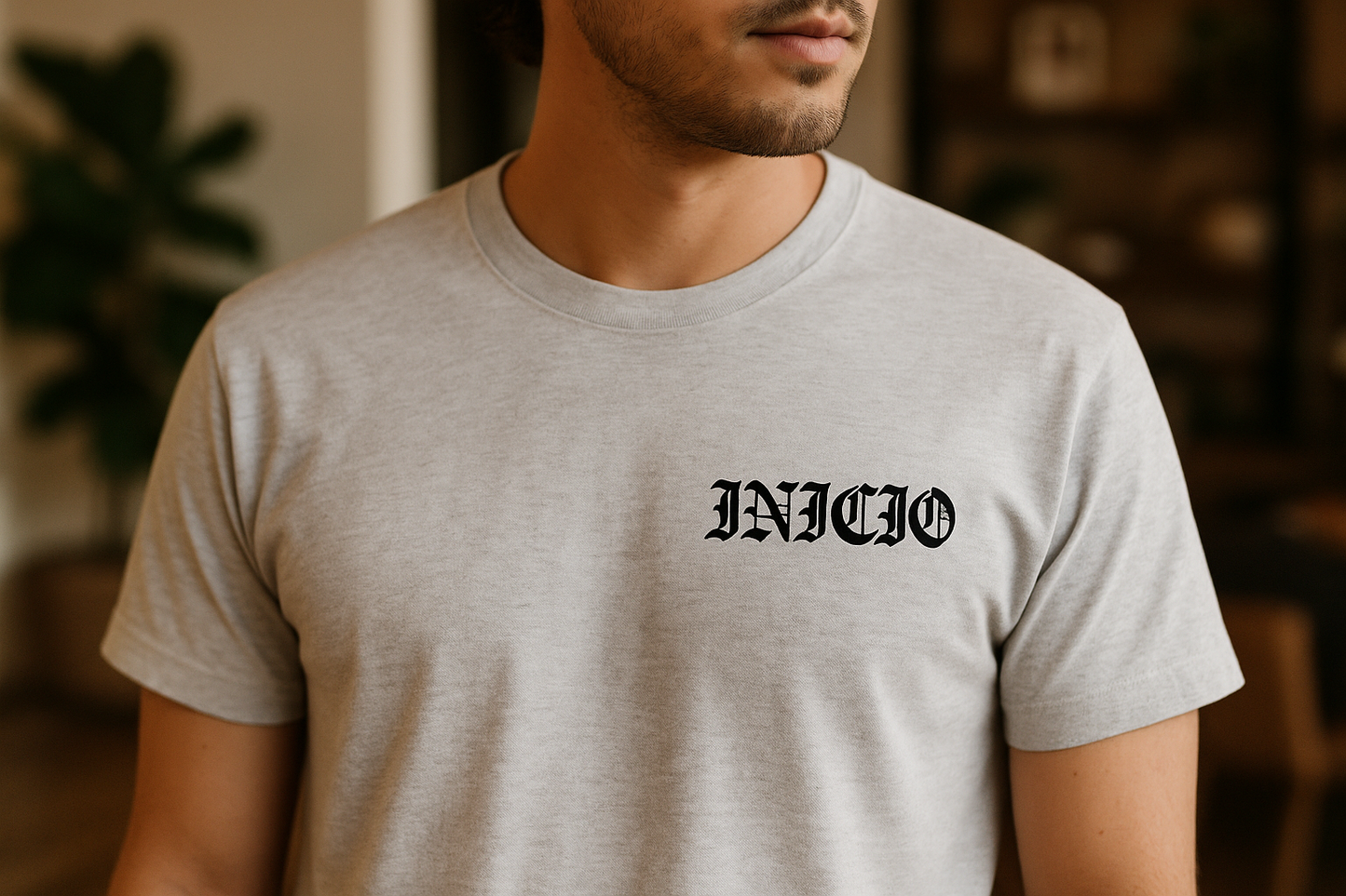 Light grey t-shirt with black INICIO logo - model view