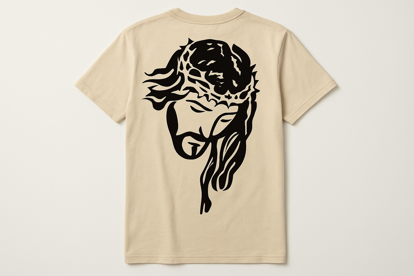 Light tan t-shirt with black back design - flat lay back view