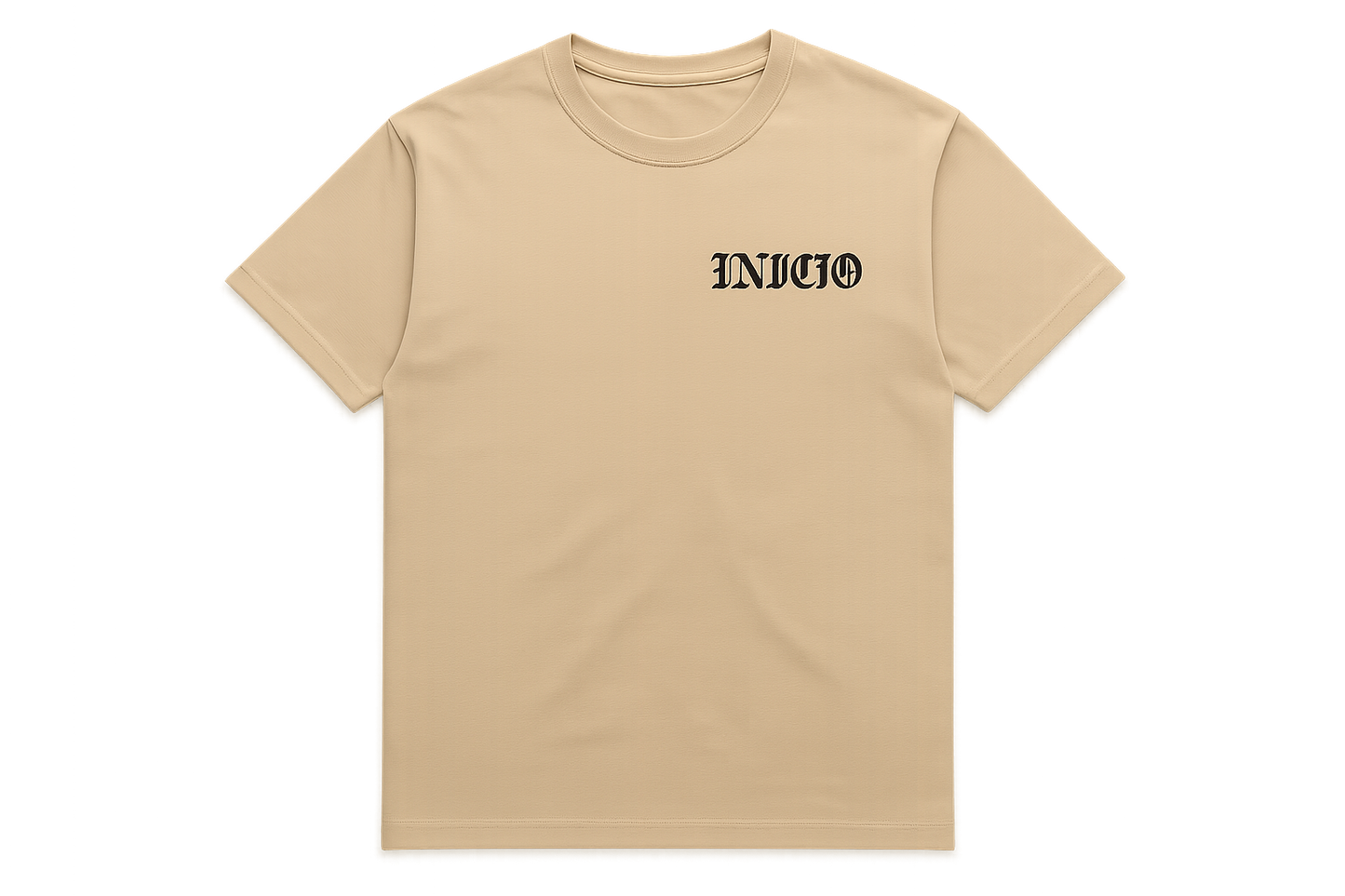 Light tan t-shirt with black INICIO logo - flat lay