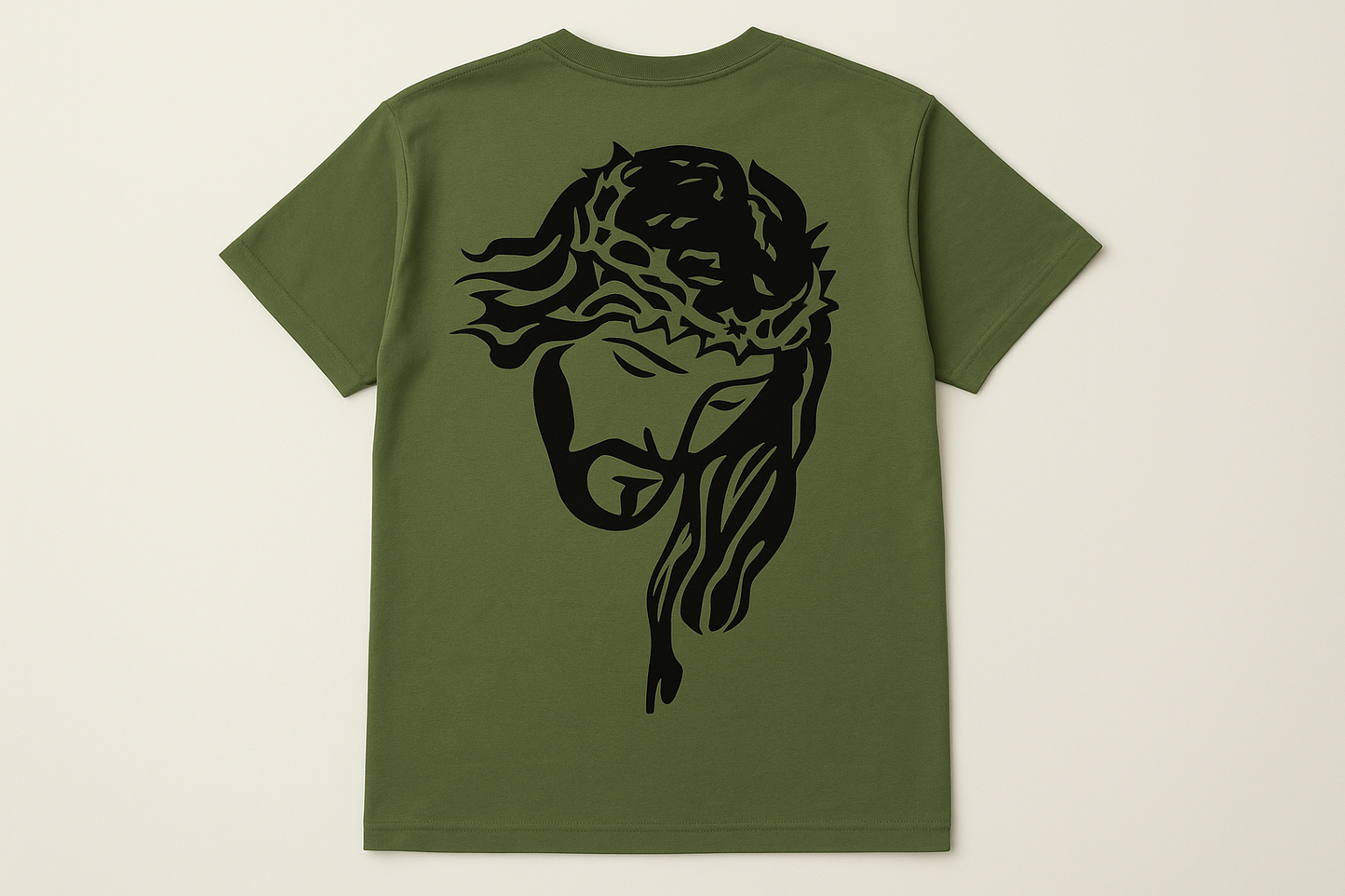 Olive green t-shirt with black back design - flat lay back view