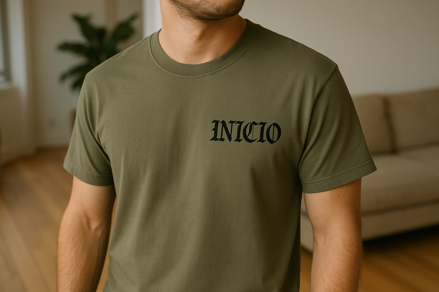 Olive green t-shirt with black INICIO logo - model view