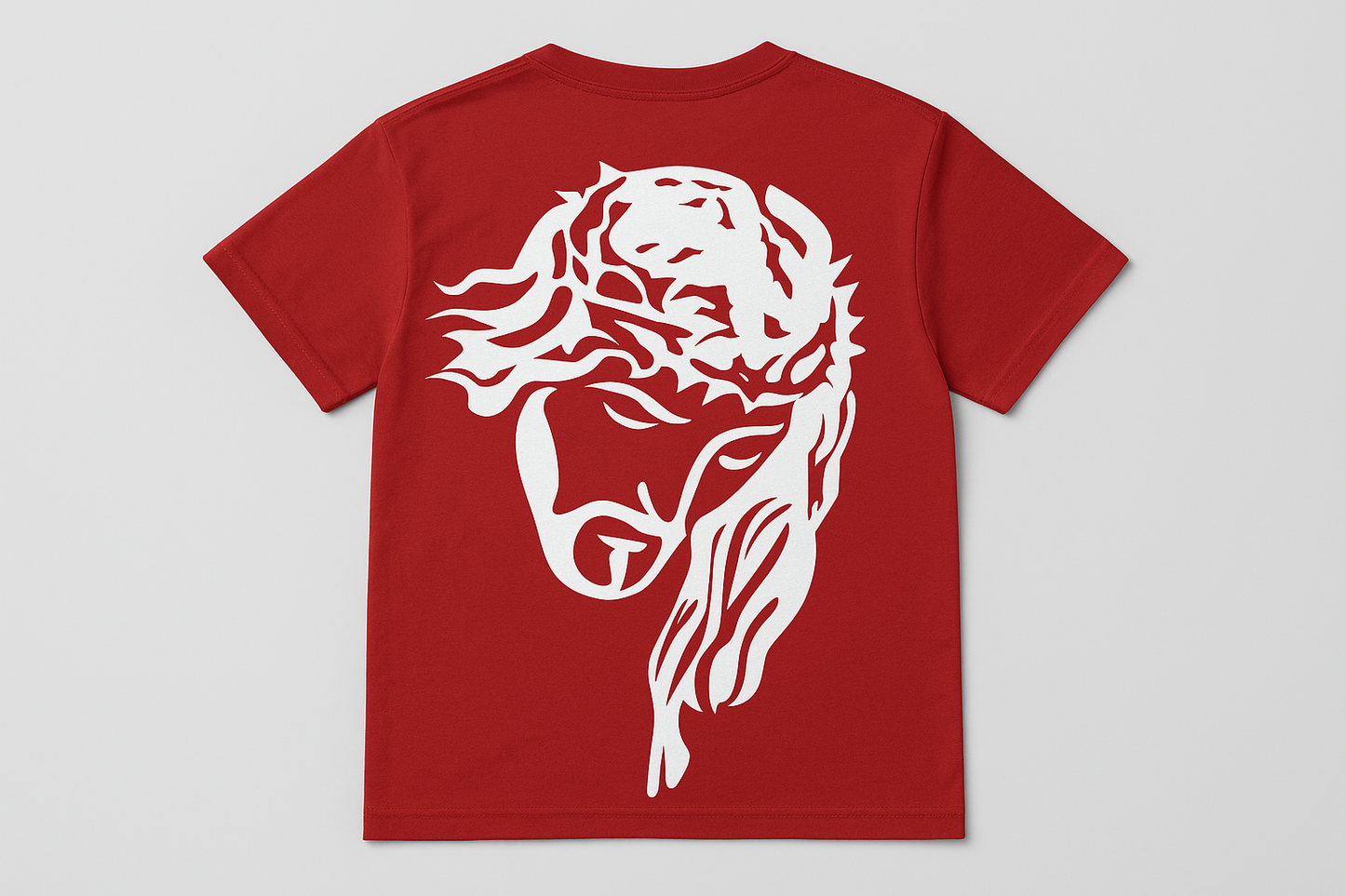 Red t-shirt with white back design - flat lay back view