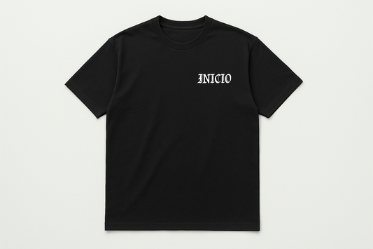 Black t-shirt with white INICIO logo - flat lay