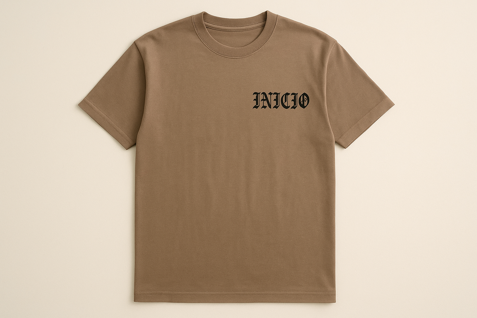 Brown savanna t-shirt with black INICIO logo - flat lay
