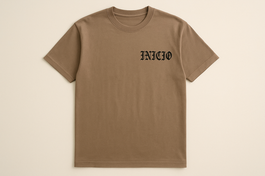 Brown savanna t-shirt with black INICIO logo - flat lay