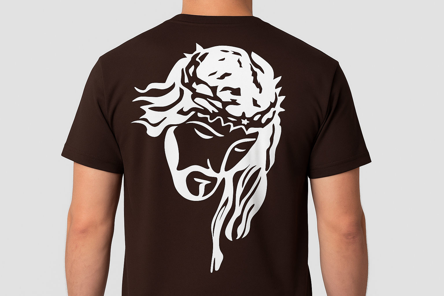 Dark brown t-shirt with white back design - model back view