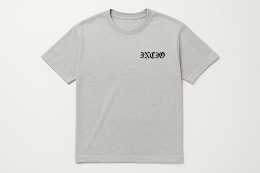 Light grey t-shirt with black INICIO logo - flat lay