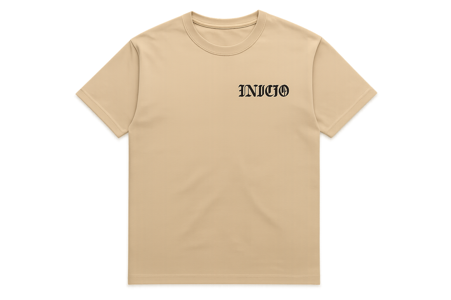 Light tan t-shirt with black INICIO logo - flat lay