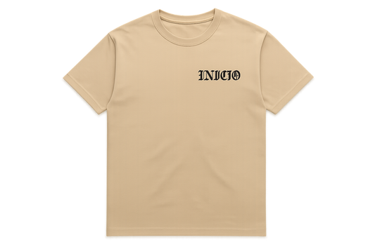 Light tan t-shirt with black INICIO logo - flat lay