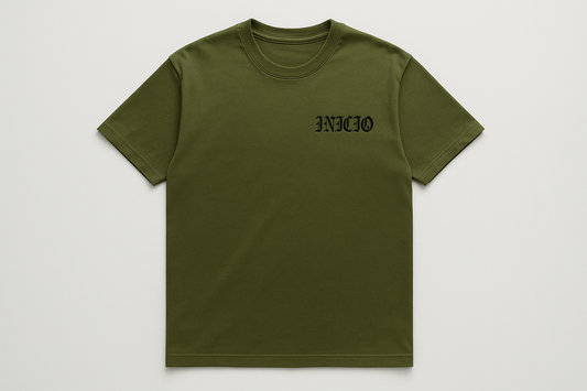 Olive green t-shirt with black INICIO logo - flat lay