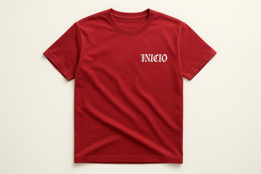 Red t-shirt with white INICIO logo - flat lay